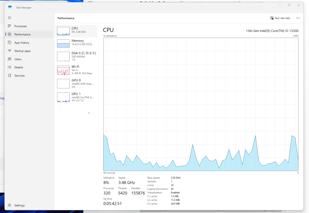 Screenshot of Windows Task Manager showing performance metrics.